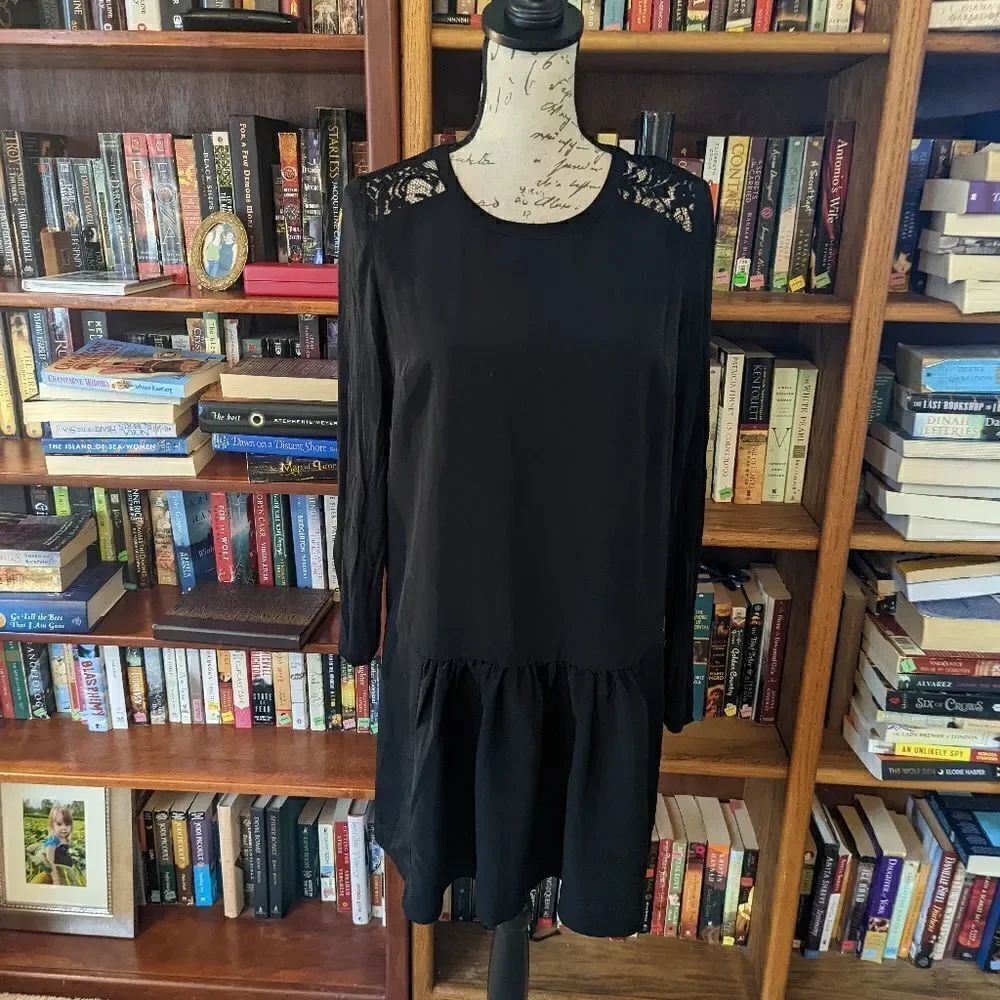 𝅺scotch & soda black long sleeve lace shoulder scoop neck sack dress sz 1 euc